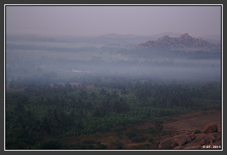 Fog surrounds a distant hill but leaves the ground uncovered