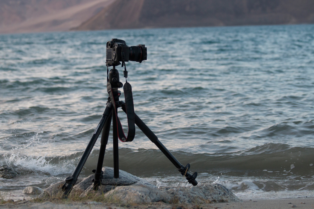 Setting up our gear for taking landscape images, Pangong Tso, Ladakh